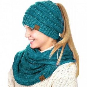 Skullies & Beanies BeanieTail Messy High Bun Cable Knit Beanie and Infinity Loop Scarf Set - Teal Metallic - CW18KHC970H $44.79