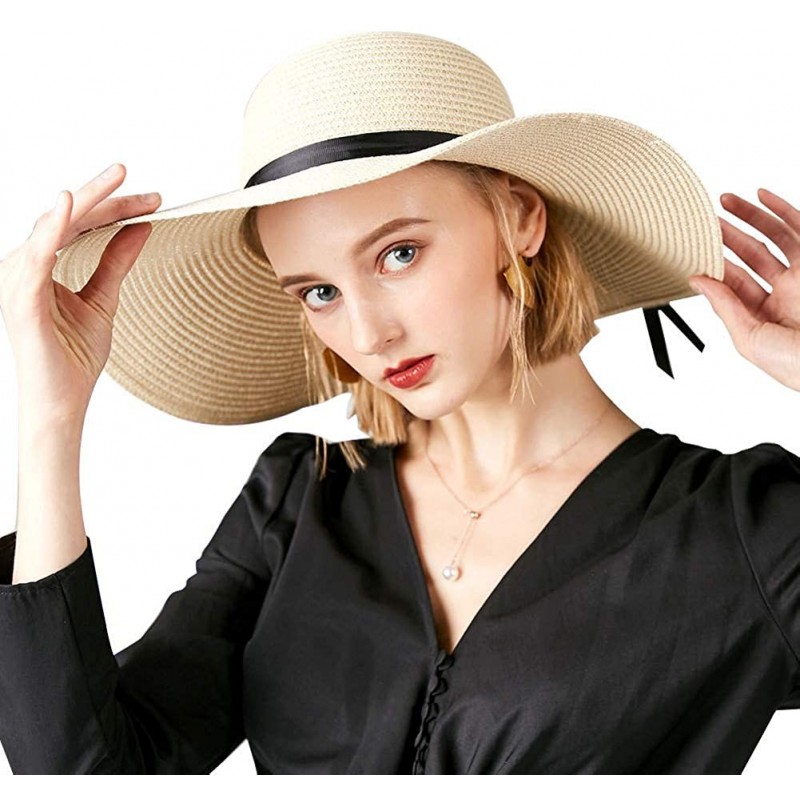 Sun Hats Large Straw Sun Hats for Women with UV Protection Wide Brim-Ladias Summer Beach Cap with Floppy - C1-beige - CX18QU0...