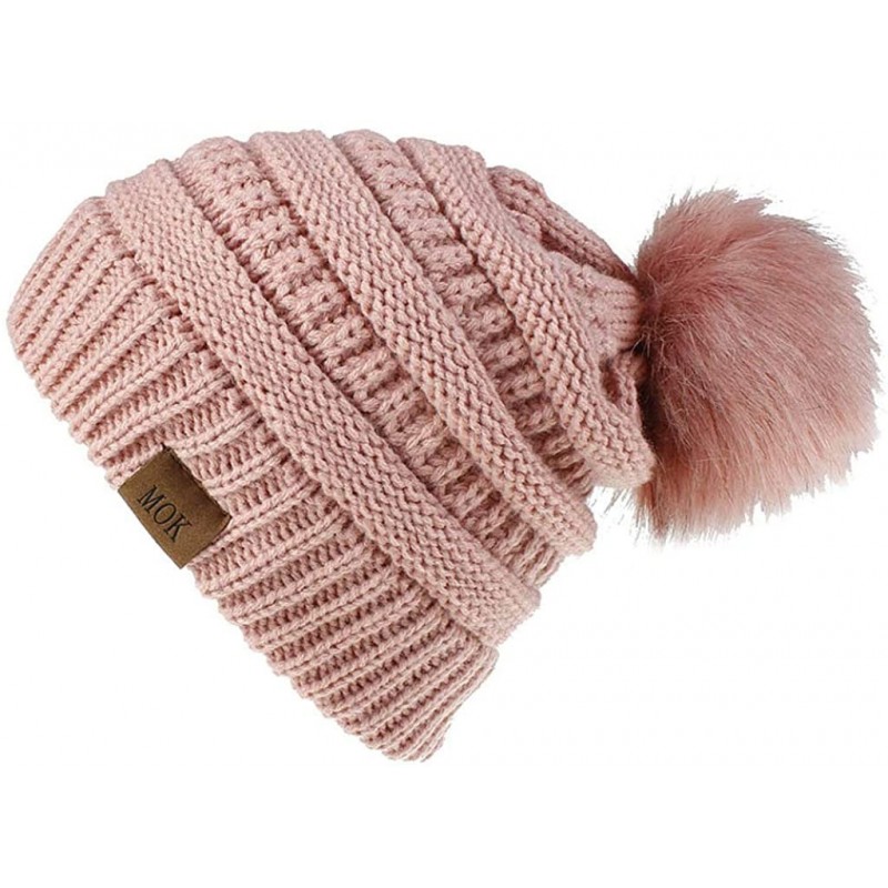 Skullies & Beanies Women Casual Knit Hats Beanie Hat Large Pom Ladies Winter Warm Cap - Pink - C318AYYRO6E $17.48