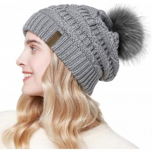 Skullies & Beanies Womens Winter Knit Slouchy Beanie Hat Warm Skull Ski Cap Faux Fur Pom Pom Hats for Girls Light Grey - CB18...
