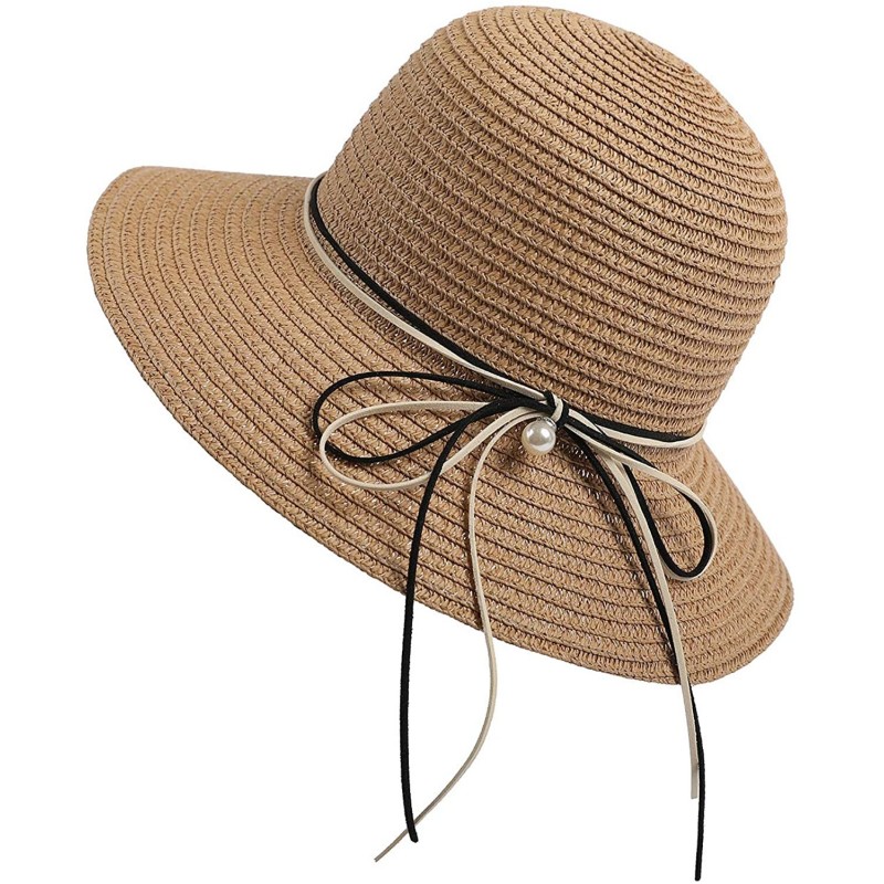 Sun Hats Wide Brim Summer Beach Sun Straw Hats for Women UPF 50 Foldable Floppy - Khaki - C418XL9IWWM $29.23