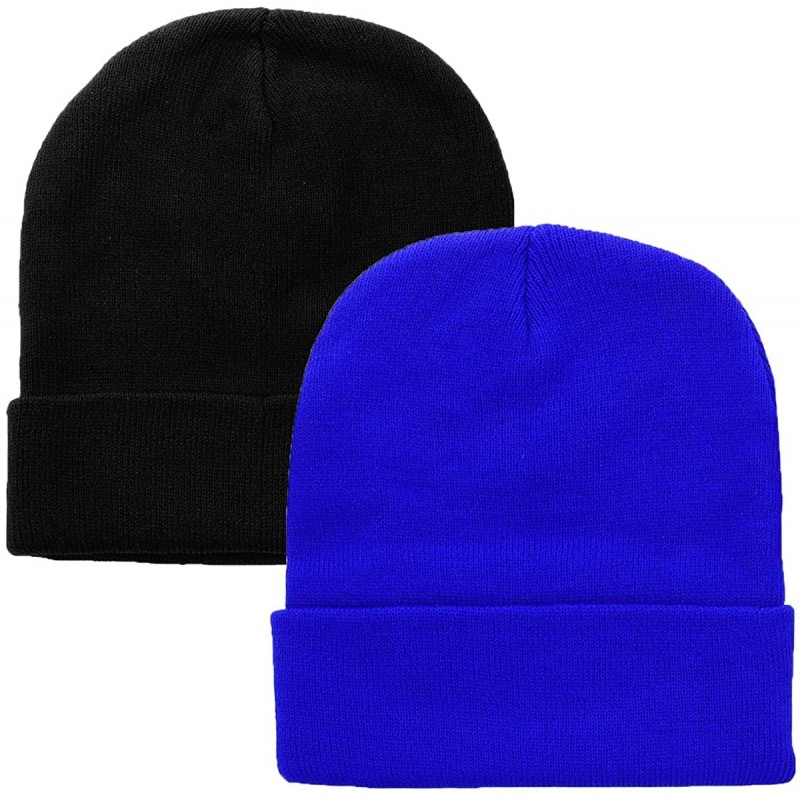 Skullies & Beanies Men Women Knitted Beanie Hat Ski Cap Plain Solid Color Warm Great for Winter - 2pcs Black & Royal - C018KQ...