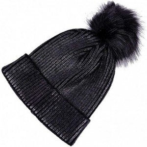 Skullies & Beanies Pom Hat Women Metallic Shiny Chunky Beanie Winter Ski Hat - Black - CE18X72KW6L $9.74