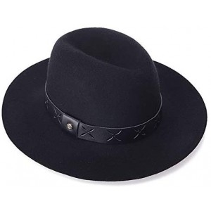 Fedoras Womens Felt Fedora 100% Wool Panama Hat with Wide Brim Leather Belt Buckle Black - CM18W2GU4LN $19.24