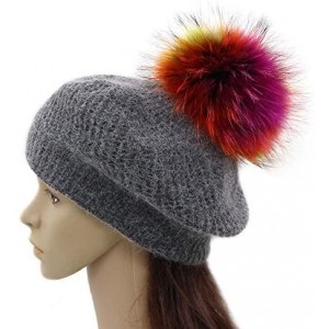 Berets Wool Knit Beret Hats for Women Spring Slouchy Beanie Cap with Pom Pom - Dark Grey - CK1894OSWXH $39.47