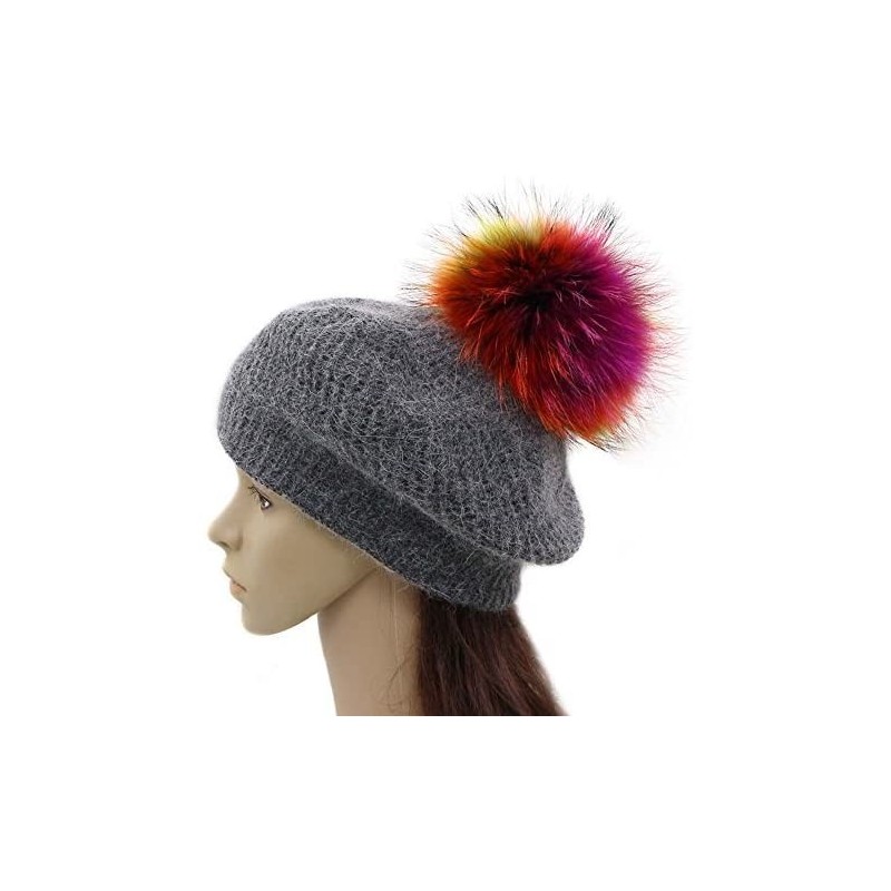 Berets Wool Knit Beret Hats for Women Spring Slouchy Beanie Cap with Pom Pom - Dark Grey - CK1894OSWXH $18.97