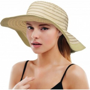 Sun Hats Womens Striped Straw Hat Floppy Beach Hats Foldable Wide Brim Sun Cap for Women - Beige 01 - CF18D5W2WNX $21.89
