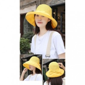 Sun Hats Women Beach Sun Hat Wide Wired Brim Summer UV Protection UPF Packable Bow Strap - Yellow - CA196O6WTHC $9.71