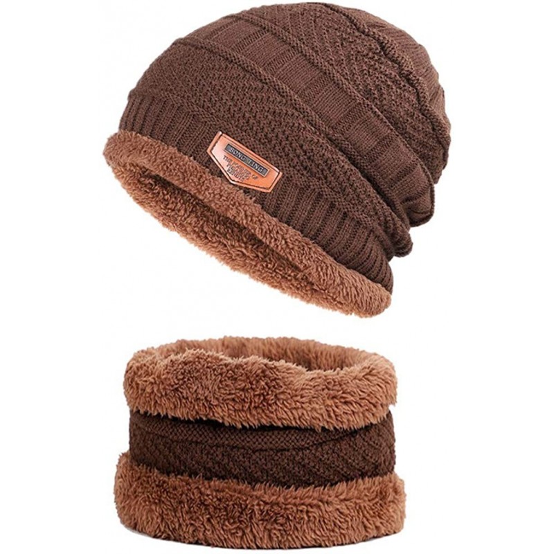 Skullies & Beanies Hat Scarf Set Winter Beanie Warm Knit Hat Fleece Lined Scarf Warm Winter Hat for Men & Women - Coffee - CD...