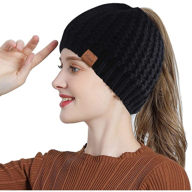 Skullies & Beanies Women Hat Knit Skull Beanie Winter Outdoor Runner Messy Bun High Ponytail Cap - Black - CF18X5MQ9R9 $23.78