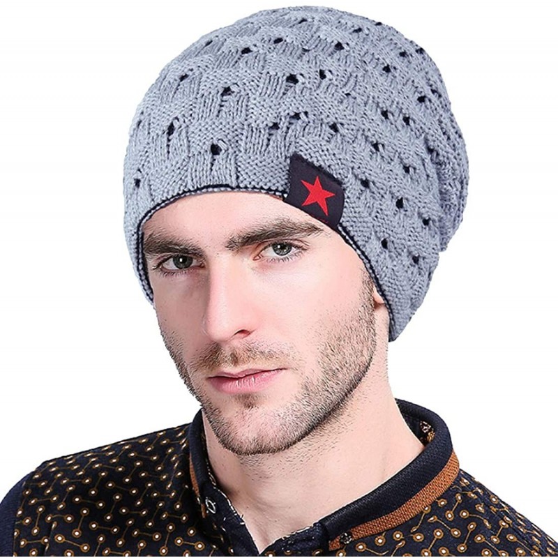 Skullies & Beanies Mens Winter Small Star Stripe Sided Knitted Hat Knitting Skull Cap - Light Grey - C1187WI5UXH $11.29