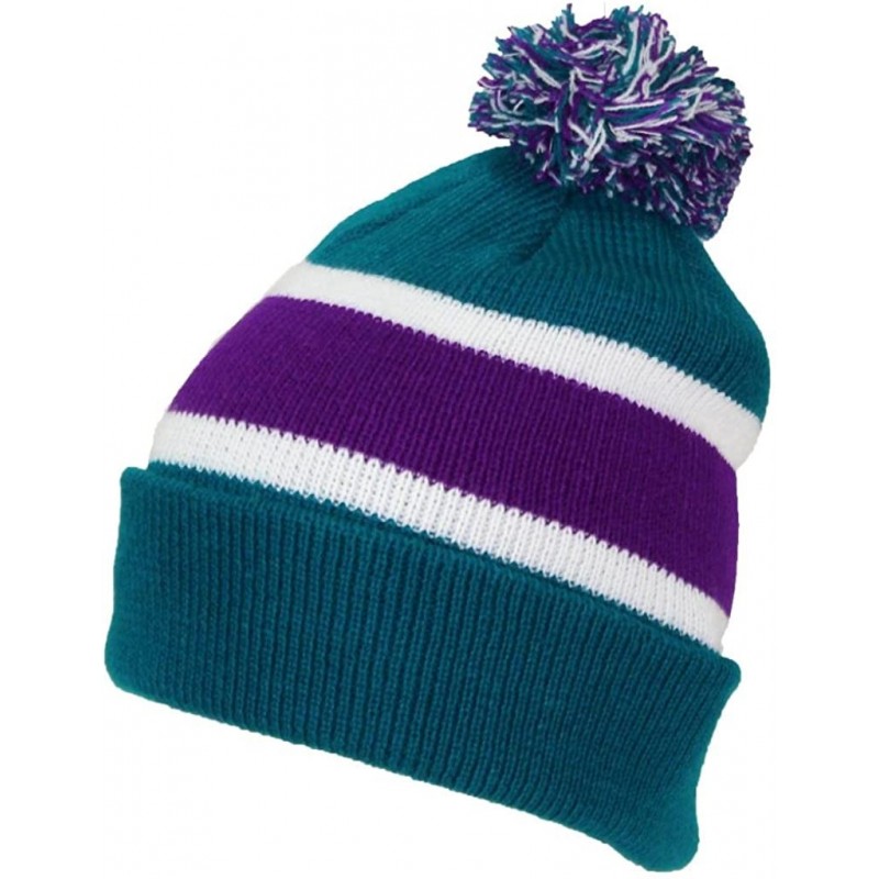 Skullies & Beanies Quality Cuffed Cap with Large Pom Pom (One Size)(Fits Large Heads) - Teal/Purple - C3188CCRD3A $24.67