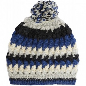 Skullies & Beanies Hand Knit Wool Crochet Fleece Lined Pom Pom Beanie - Blue Mix - CS18DR0YN9I $21.93