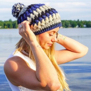 Skullies & Beanies Hand Knit Wool Crochet Fleece Lined Pom Pom Beanie - Blue Mix - CS18DR0YN9I $50.39