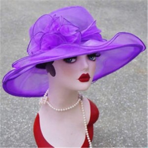 Sun Hats Summer Elegant Women Kentucky Derby Wide Brim for Women Wedding Party Church Occasional Organza Sun Hat - Purple - C...