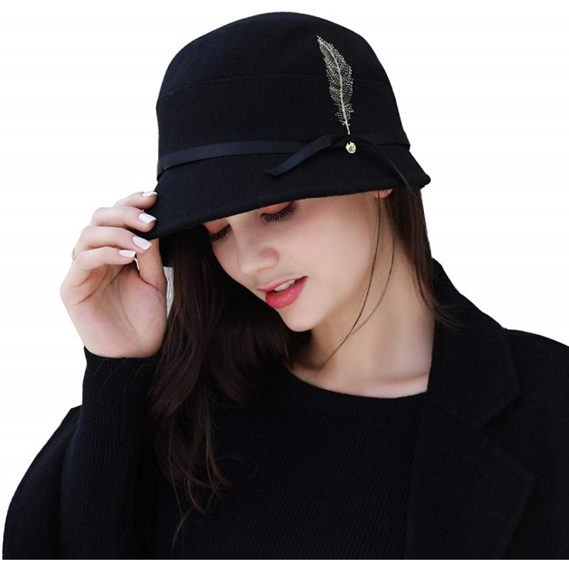 Bucket Hats FARSEER Winter Wool Bucket Hat British Style Foldable Bowler Hat for Ladies - Black - CP18HUAN2AZ $52.27