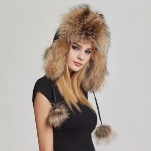 Bomber Hats Women's Fur Trapper Hat with Sheepskin Earflap Bomber Hat Winter Fur Hat - Raccoon - CF1876ZM550 $96.48