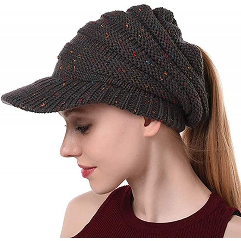 Skullies & Beanies Women's Warm Chunky Cable Knit Messy Bun Hat Ponytail Visor Beanie Cap - Confetti Dark Grey - CH18N994ZTQ ...