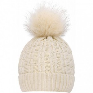 Skullies & Beanies Womens Beanie Winter Cable Knit Faux Fur Pompom Ears Beanie Hat - Single Pom_vanilla With Fur Pom - CF192L...
