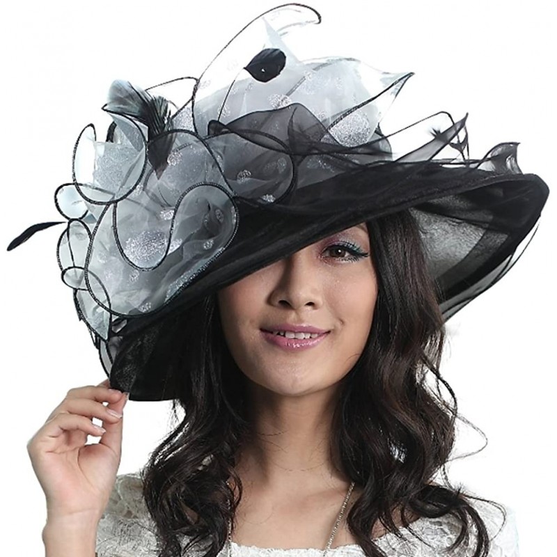 Sun Hats Women Derby Hats Organza Lace Wedding Dress Church Hat Wide Brim (Black/Silver) - CV11OIBHCHN $72.80