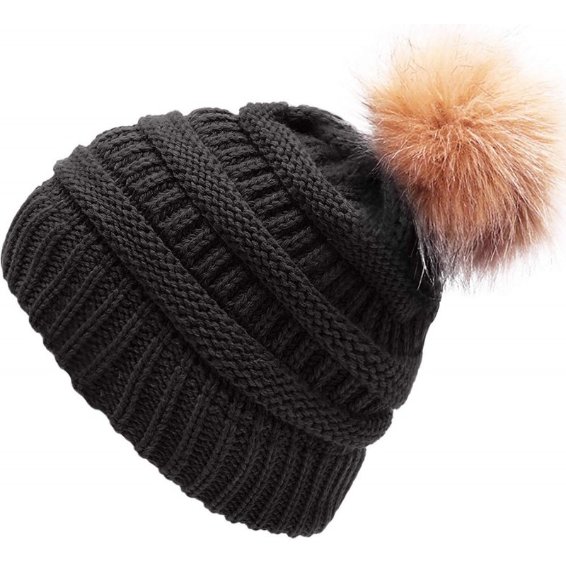 Skullies & Beanies Winter Hats for Womens Knit Slouchy Skullies Beanies Ski Caps with Faux Fur Pom Pom Bobble - C818Y2X3QTQ $...