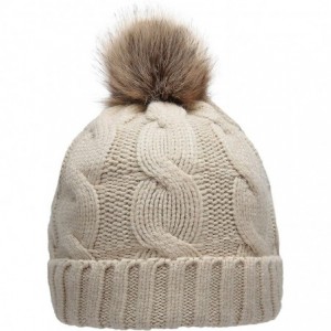 Skullies & Beanies Women's Winter Ribbed Knit Faux Fur Pompoms Chunky Lined Beanie Hats - A Twist Khaki - C3184RQ4X8A $18.62
