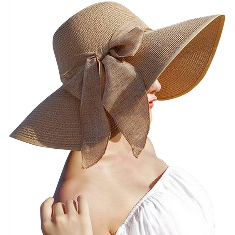 Sun Hats Womens Big Bowknot Straw Hat Foldable Roll up Sun Hat Beach Cap UPF 50+ Protection Sun Hats 041 - Khaki-a - CA18SZUX...