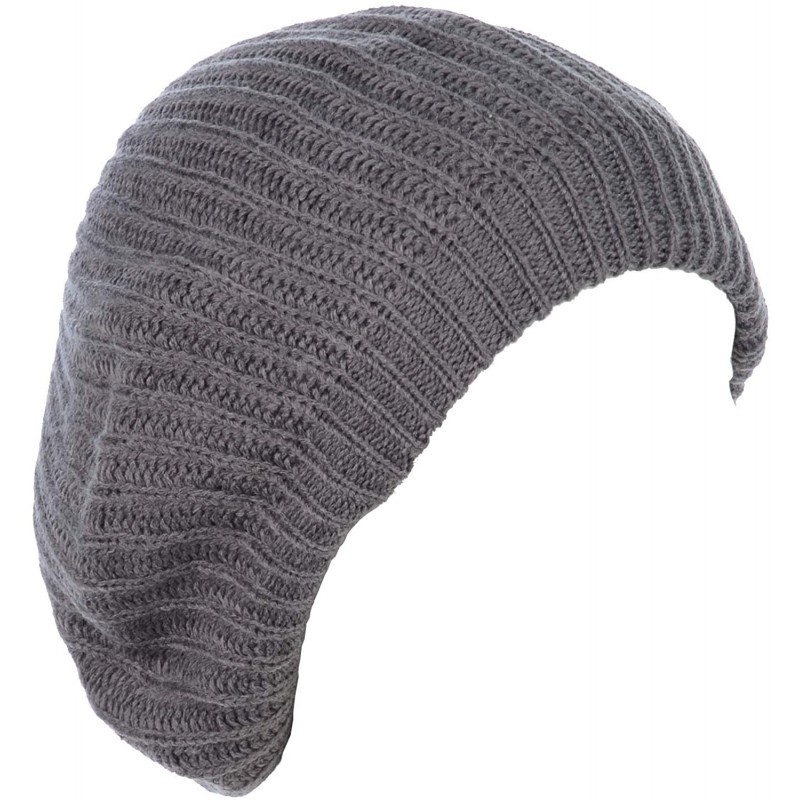 Berets Ladies Winter Solid Chic Slouchy Ribbed Crochet Knit Beret Beanie Hat W/WO Flower Adornment - Gray - CQ12N7UKZ8E $25.26