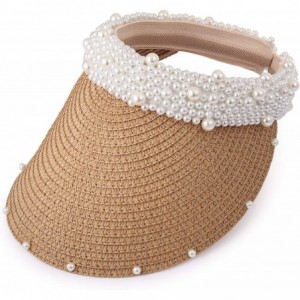 Sun Hats Womens Wide Brim Straw Visor with Pearl Headband for Beach Outdoor Sun Hats - Brown - CQ18X8UIIQQ $47.46