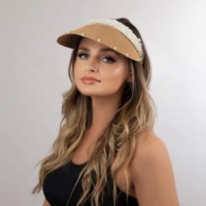 Sun Hats Womens Wide Brim Straw Visor with Pearl Headband for Beach Outdoor Sun Hats - Brown - CQ18X8UIIQQ $50.58