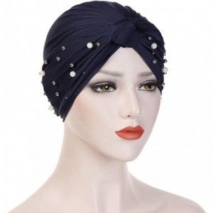 Skullies & Beanies Women Pearl Beading Chemo Turban Headband Scarf Beanie Cap Hat India Hat Turban Wrap Cap - Navy - C918TXA9...