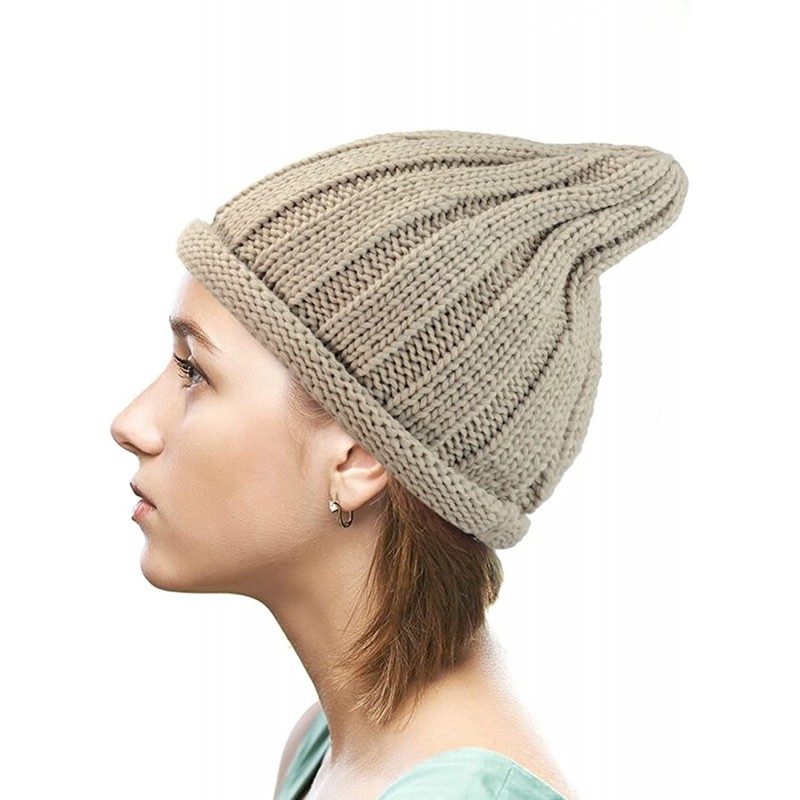 Skullies & Beanies Exclusive Winter Cable Knit Rolled Up Brim Pointy Top Beanie Hat - Beige - CB1274IMC7V $20.74