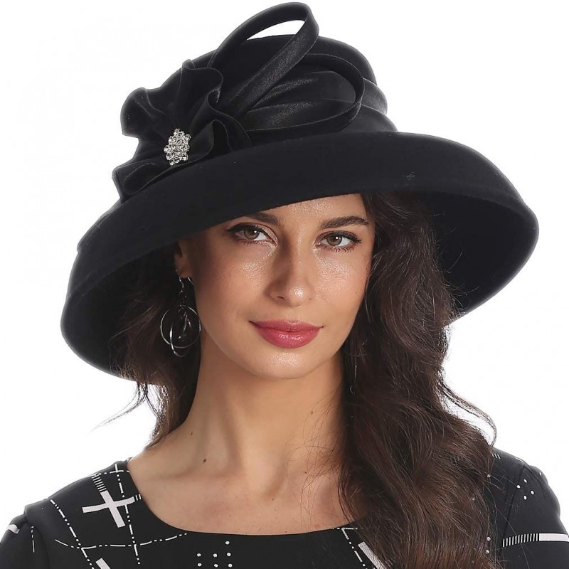 Bucket Hats Women Wool Felt Plume Church Dress Winter Hat - Drown Brim-black - CX18L5TEA3X $21.24