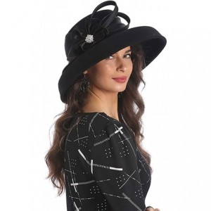 Bucket Hats Women Wool Felt Plume Church Dress Winter Hat - Drown Brim-black - CX18L5TEA3X $21.24