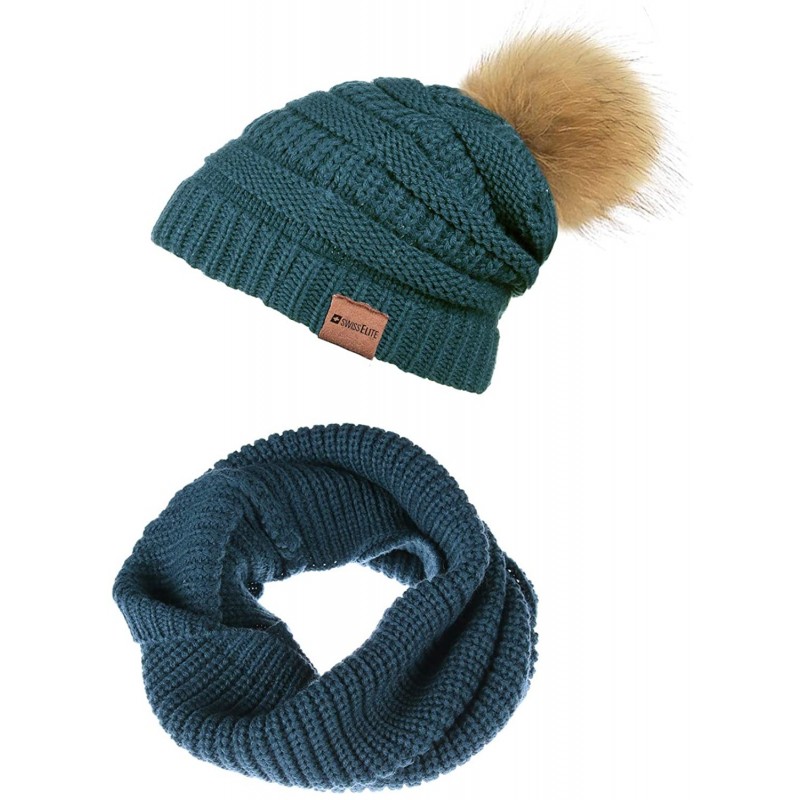 Skullies & Beanies Knit Cable Beanie Hat Scarf Winter Warm Scarves Set Thick Warm Slouchy Knit Cap for Men Women - Teal Pom -...
