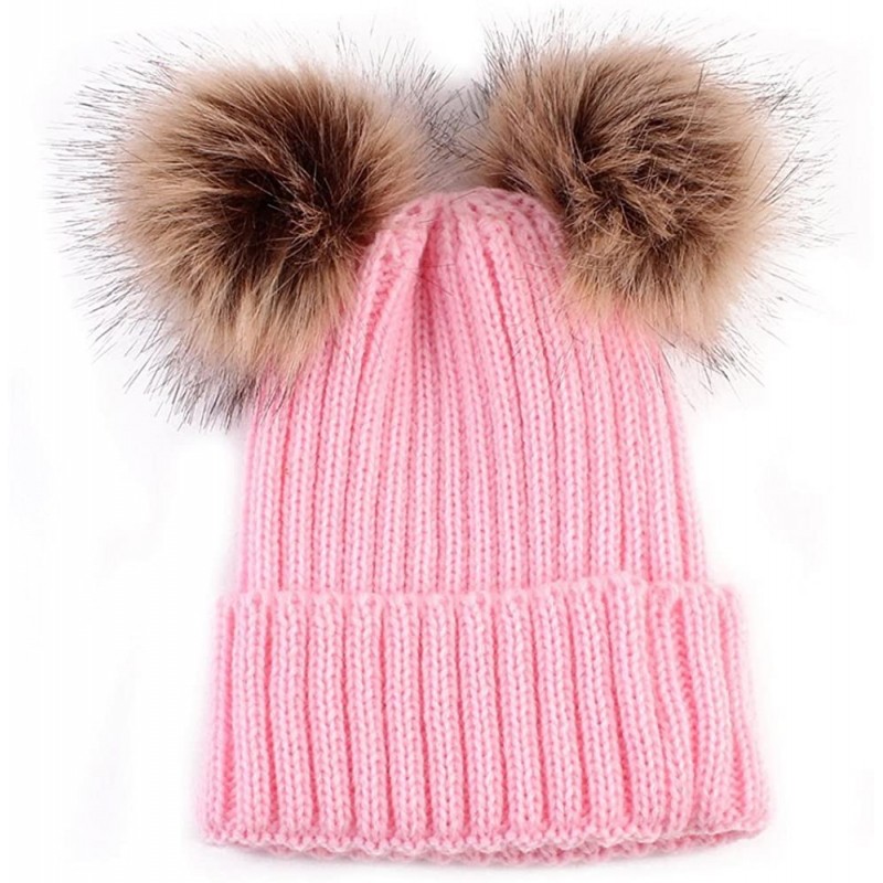 Skullies & Beanies Women Winter Chunky Knit Double Pom Pom Beanie Hats Cozy Warm Slouchy Hat - Pink - C7188RZU3SA $24.43