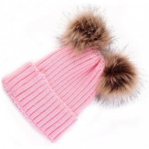 Skullies & Beanies Women Winter Chunky Knit Double Pom Pom Beanie Hats Cozy Warm Slouchy Hat - Pink - C7188RZU3SA $24.43
