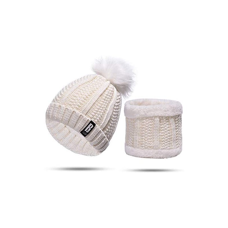 Skullies & Beanies Women Winter Knit Slouchy Beanie Chunky Baggy Hat with Faux Fur Pompom Soft Warm Ski Cap and Scarf - White...