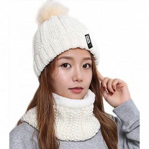 Skullies & Beanies Women Winter Knit Slouchy Beanie Chunky Baggy Hat with Faux Fur Pompom Soft Warm Ski Cap and Scarf - White...