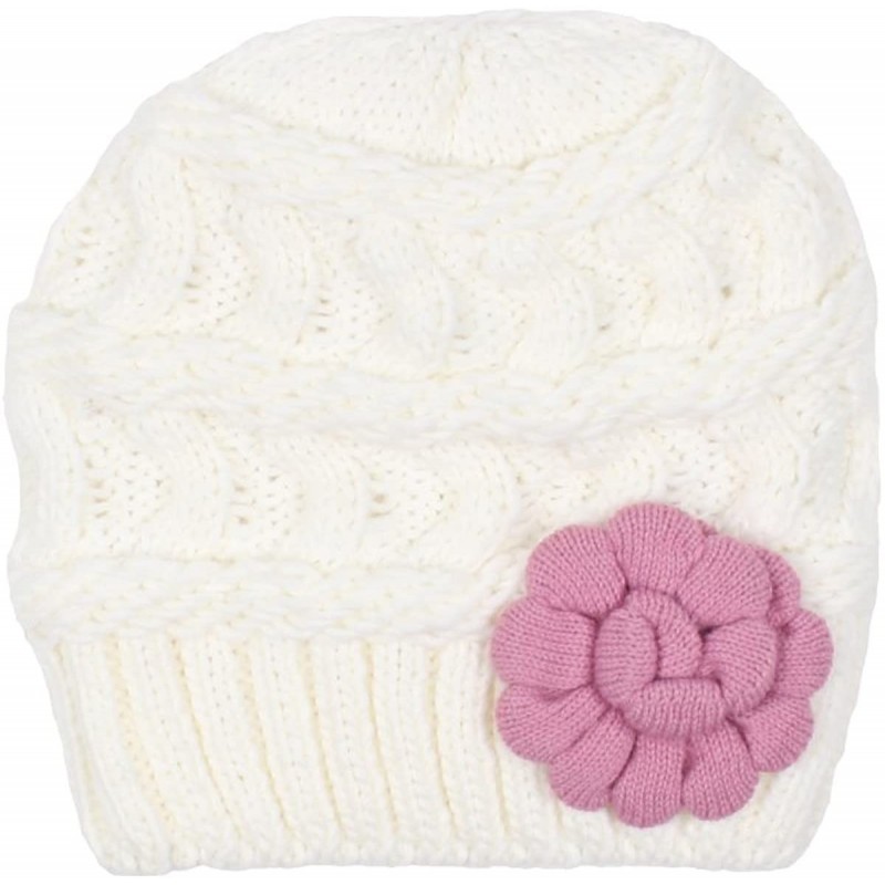 Skullies & Beanies Womens Warm Lined Flower Cable Knit Winter Beanie Hat Retro Chic Many Styles - White With Pink Flower - C3...