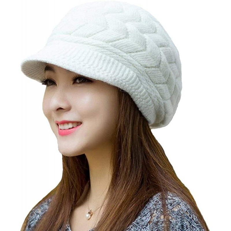 Skullies & Beanies Womens Snow Warm Knitted Winter Wool Beanies Hats For Women Slouchy Cap With Visor - Women White - C318HCT...