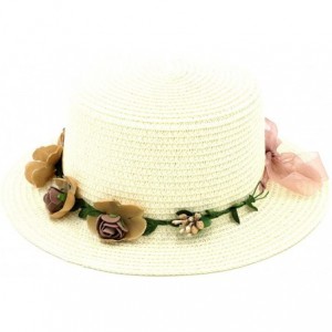 Sun Hats Women Summer Straw Boater Hat Beach Round Top Caps Wedding Flower Garland Band - Ivory - CB182YDDG2G $24.11