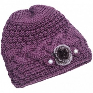 Skullies & Beanies Women's Mother Elderly Winter Skull Cap Fur Flowers Velvet Knit Hat - Purple - CF12N69RK14 $33.97