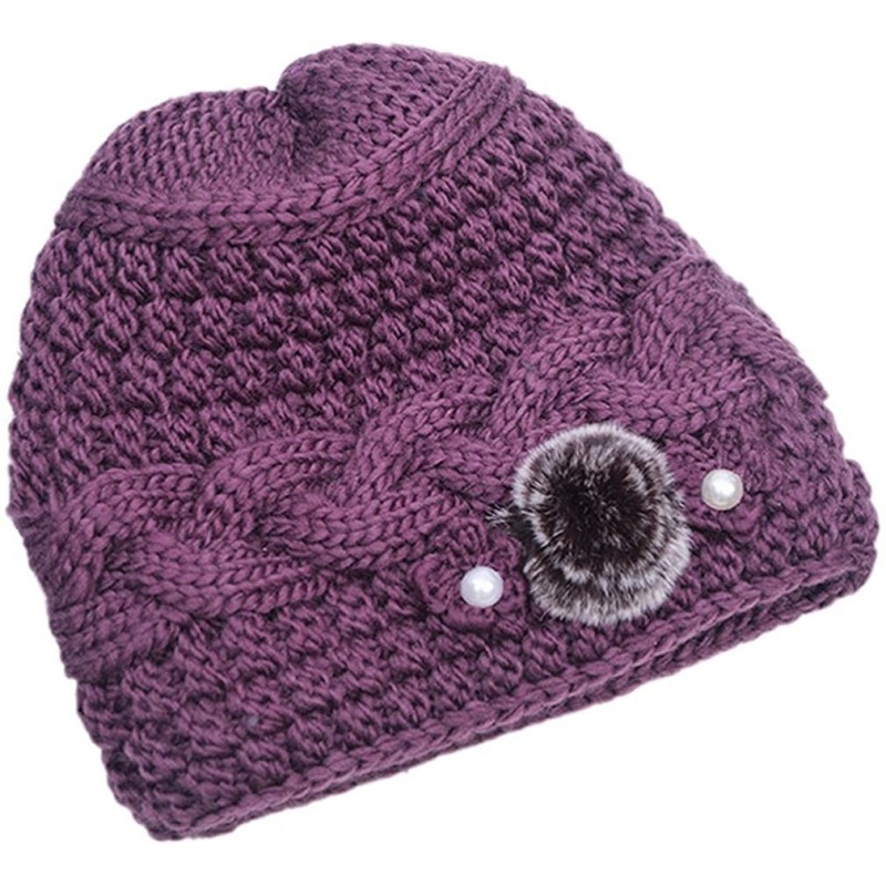 Skullies & Beanies Women's Mother Elderly Winter Skull Cap Fur Flowers Velvet Knit Hat - Purple - CF12N69RK14 $32.41