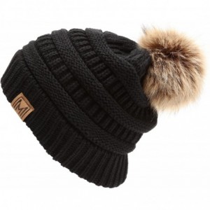 Skullies & Beanies Women's Soft Stretch Cable Knit Warm Skully Faux Fur Pom Pom Beanie Hats - Black - CA18GQZKYGH $23.19