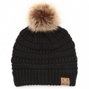 Skullies & Beanies Women's Soft Stretch Cable Knit Warm Skully Faux Fur Pom Pom Beanie Hats - Black - CA18GQZKYGH $23.19