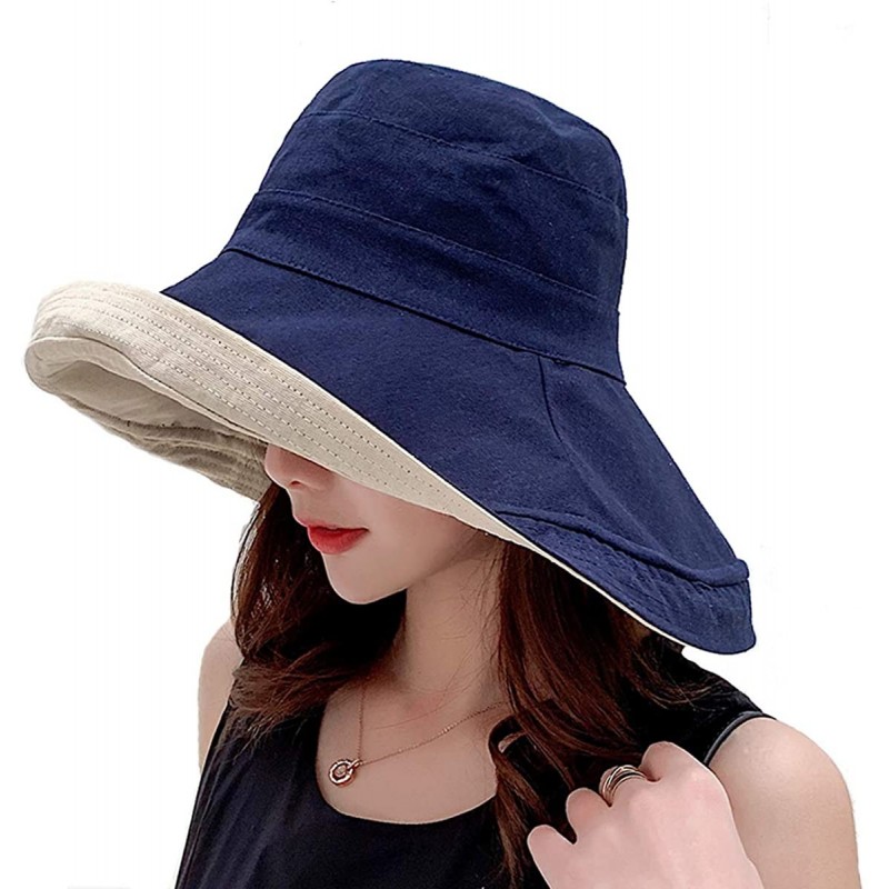 Sun Hats Women Reversible UV Sun Protection Bucket Hat Wide Brim Cap - Darkblue - CX18W670MXU $22.82