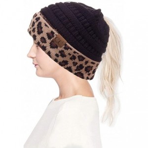 Skullies & Beanies Women Classic Solid Color with Leopard Cuff Ponytail Messy Bun Beanie Skull Cap - Black - C218HTHOGKL $42.71