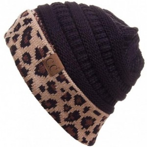 Skullies & Beanies Women Classic Solid Color with Leopard Cuff Ponytail Messy Bun Beanie Skull Cap - Black - C218HTHOGKL $42.24