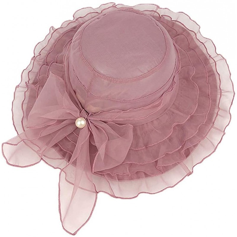 Sun Hats Summer Lady's Fashion Wide-Side Pearl Bow Foldable Lace Sun Hat - Pink - C318RKZXESK $15.80
